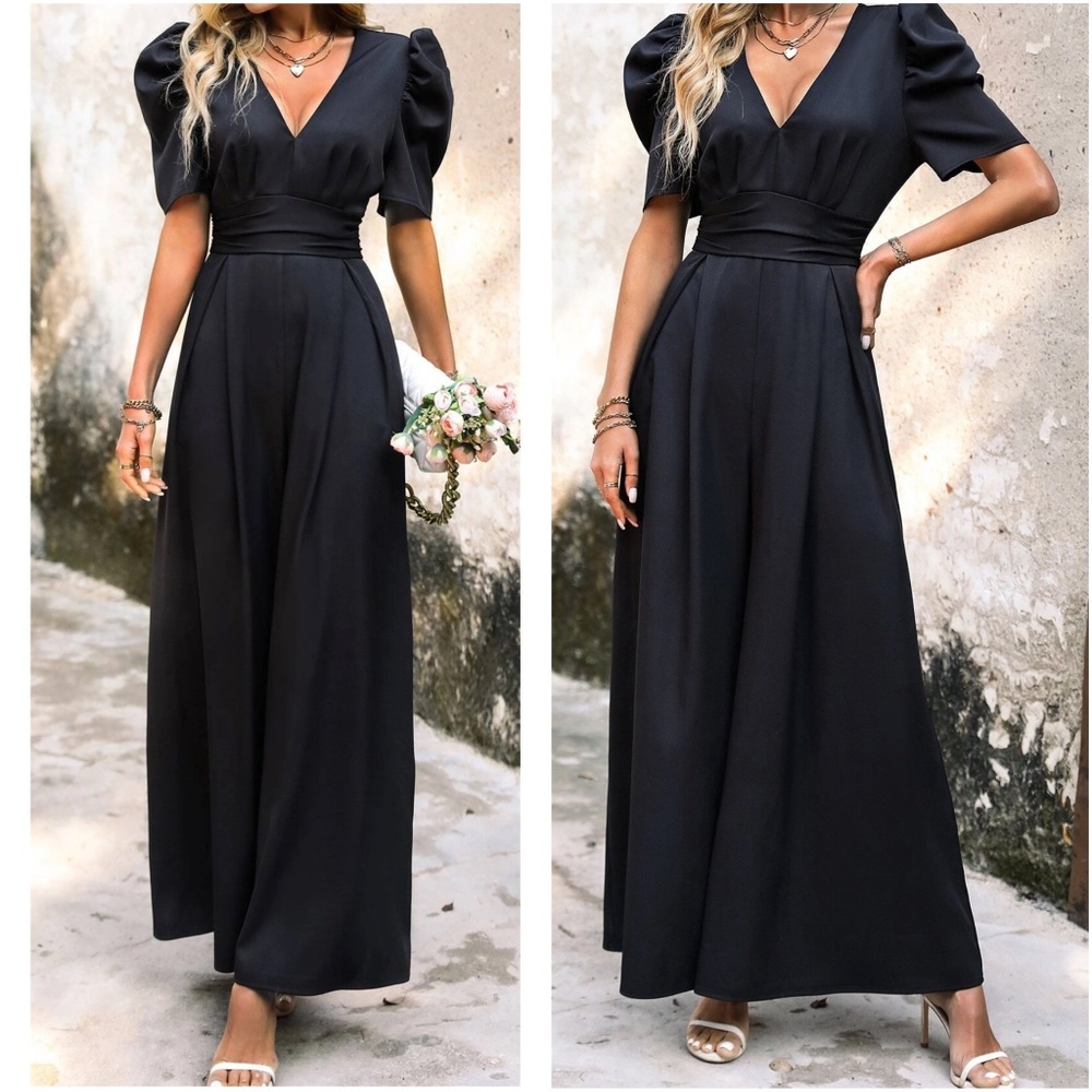 Luxe V neck Puff Sleeve Elegant Jumpsuit - Picture 2 of 6
